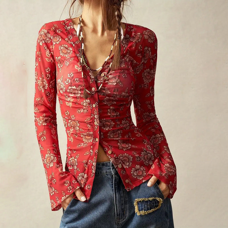 🌸 Women’s Floral Ruched Button-Down Blouse
