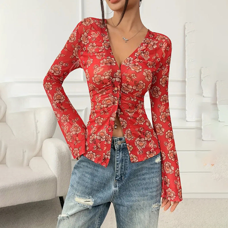 🌸 Women’s Floral Ruched Button-Down Blouse