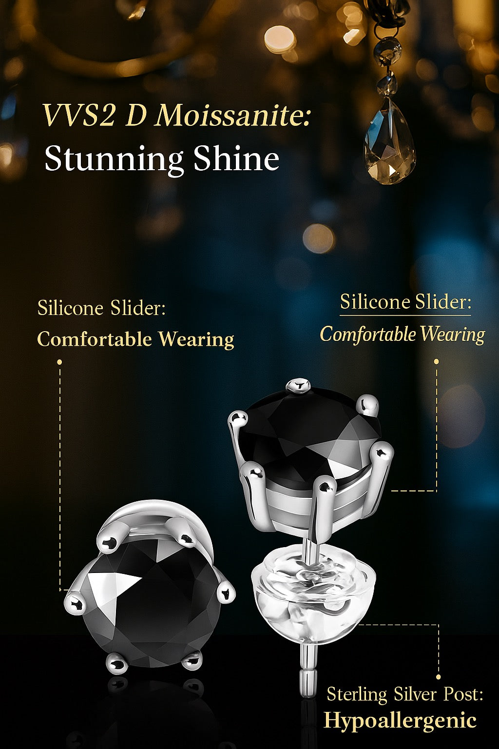 14k White Gold Black Moissanite Stud Earrings – 0.30 ctw Elegant Sparkle