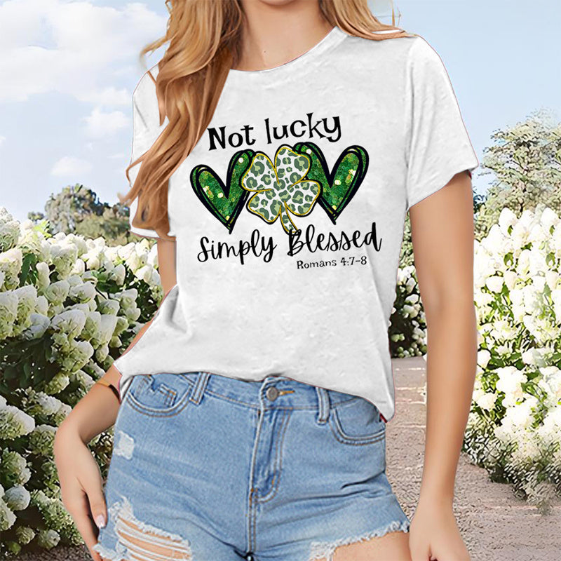 Women's 'Not Lucky' Slogan T-Shirt - Green Clover & Heart Print Casual Tee, Soft Round Neck Summer Top
