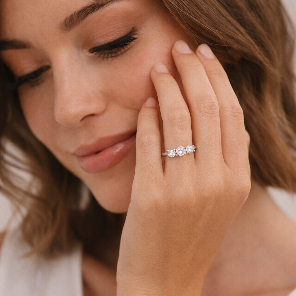White Moissanite 3-Stone Ring Sterling Silver