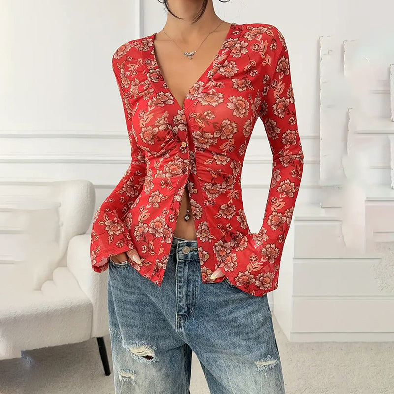🌸 Women’s Floral Ruched Button-Down Blouse